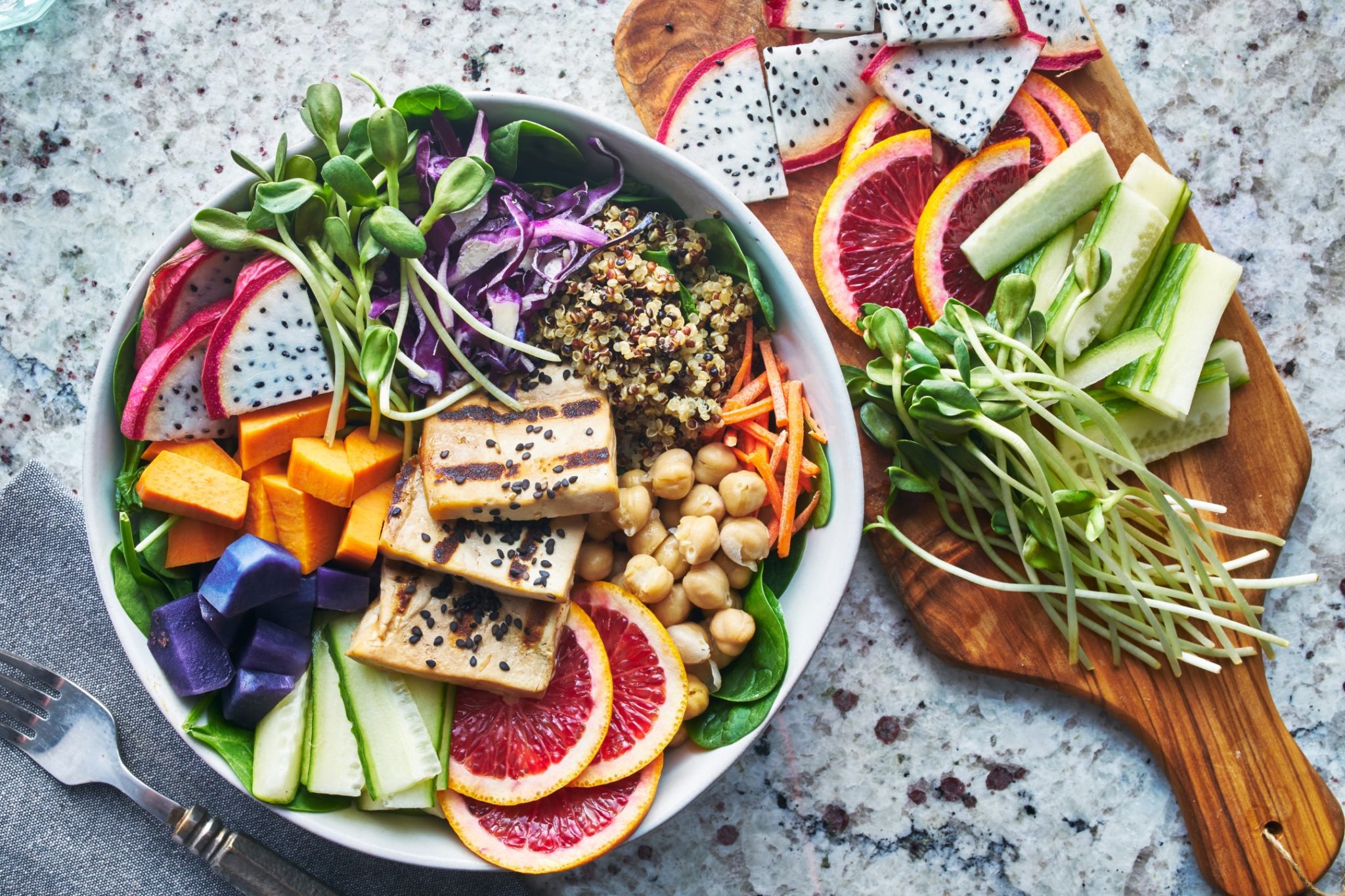 grilled tofu and dragon fruit buddha bowl top view - PCOS Personal Trainer