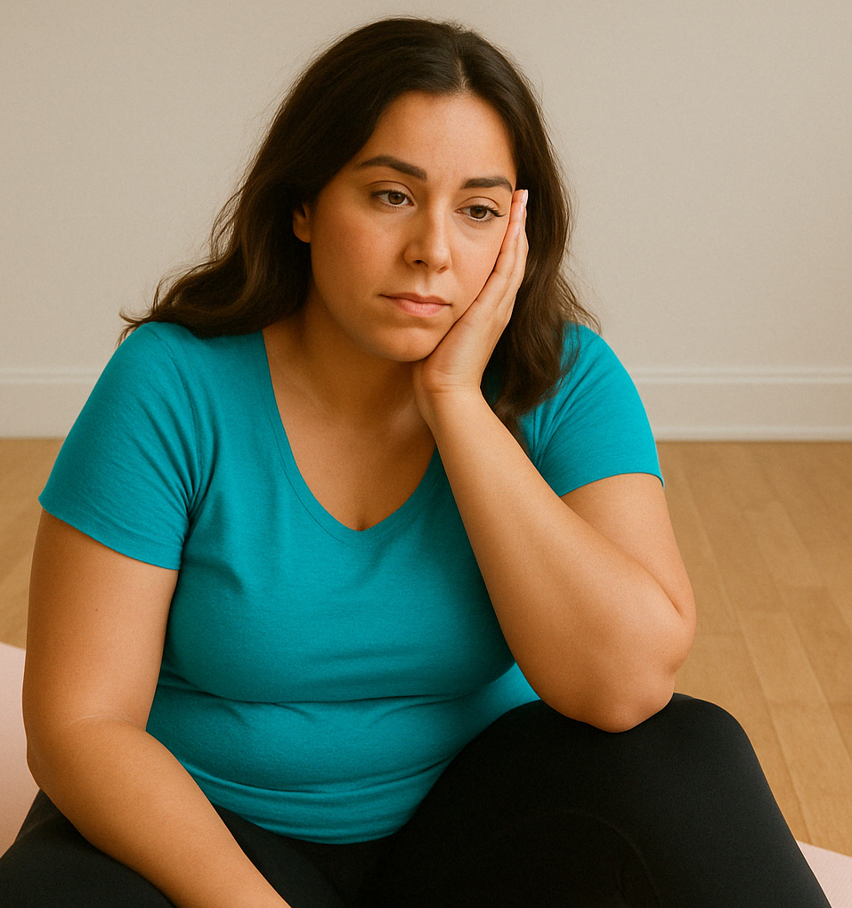 a women with PCOS looking tired on her yoga mat