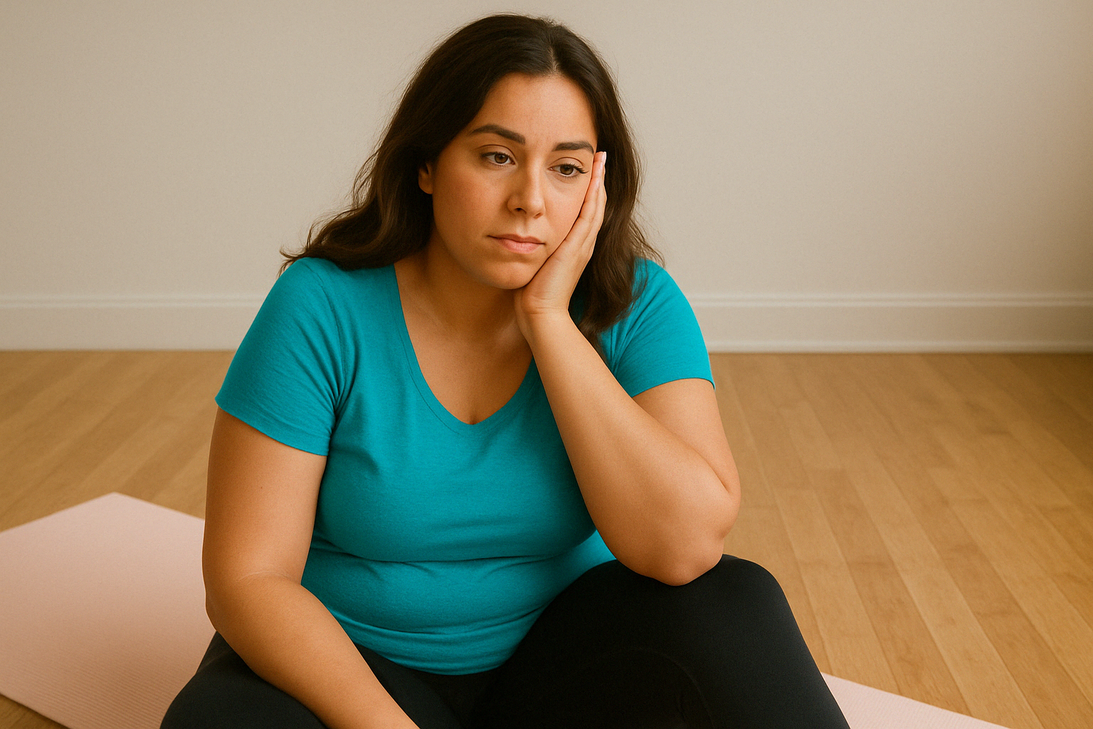 a women with PCOS looking tired on her yoga mat