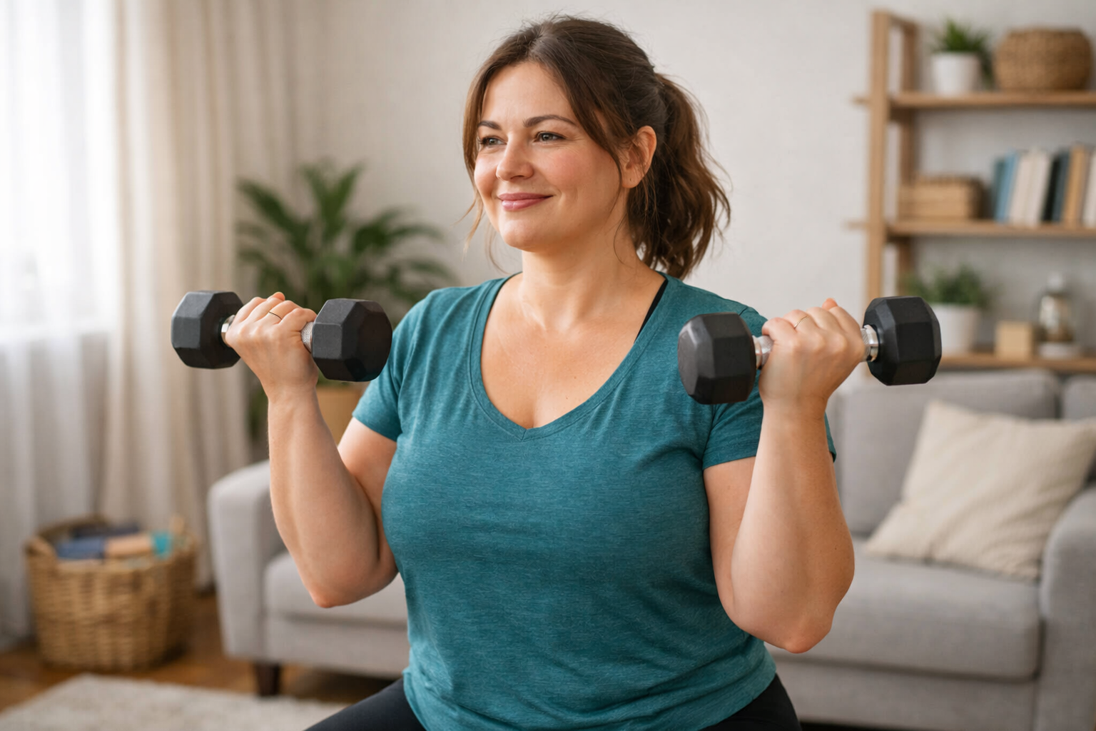 Woman lifting dumbbells during a calm home workout, representing strength training for PCOS and hormonal health